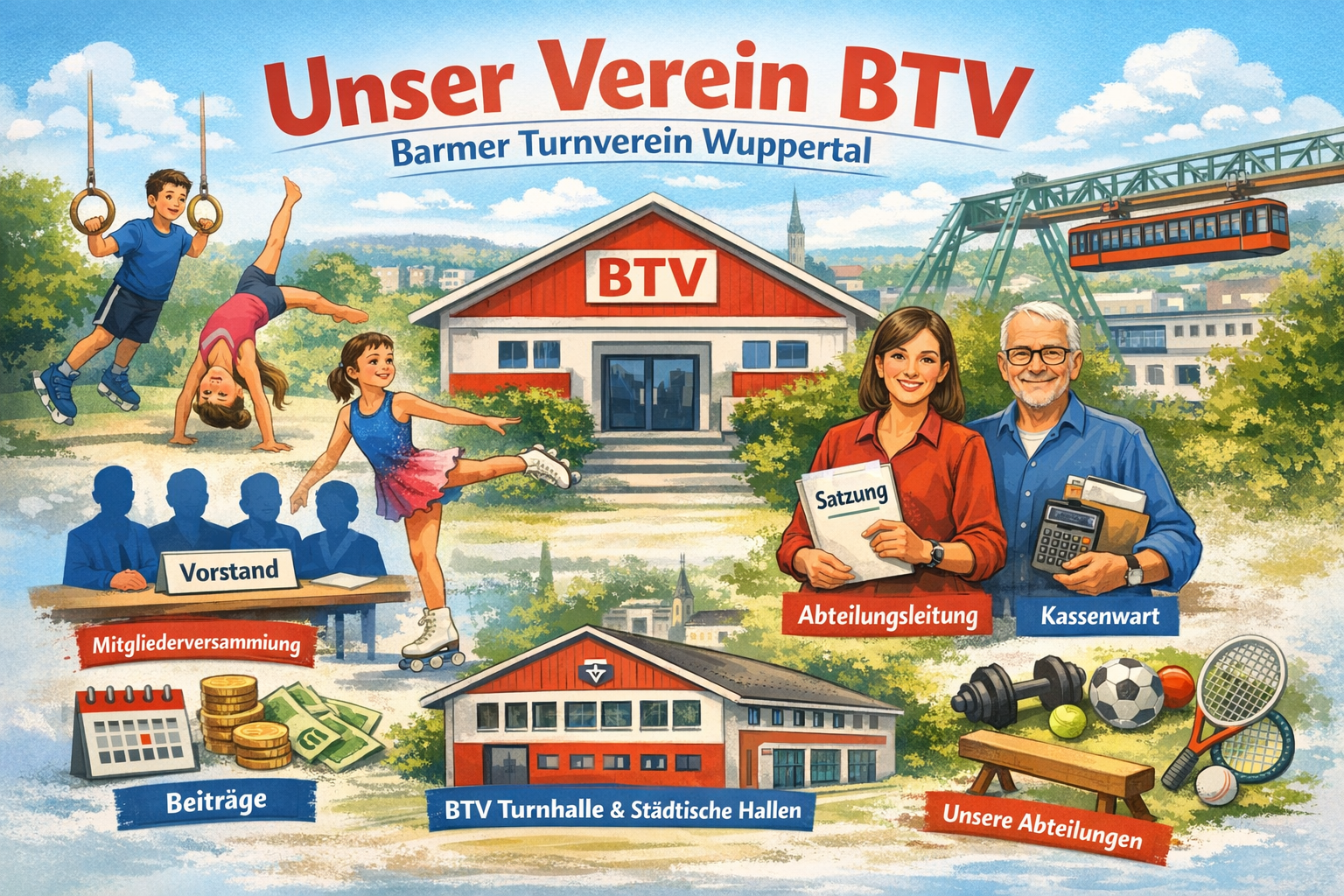 Illustration eines Sportvereins am Beispiel des Barmer Turnvereins Wuppertal: In der Mitte ein Vereinsgebäude mit „BTV“, darum herum Kinder beim Turnen und Rollkunstlauf, sowie Darstellungen von Vorstand, Abteilungsleitung und Kassenwart. Symbole zeigen Mitgliederversammlung, Beiträge und Sportgeräte. Unten eine Turnhalle für eigene und städtische Nutzung, im Hintergrund die Wuppertaler Schwebebahn.